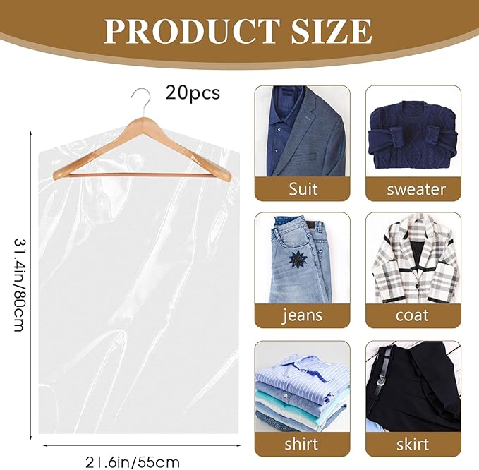 20 Pack Garment Bags for Hanging Clothes Transparent Plastic Clothes Covers for Short or Children's Clothing Dust-proof Storage Bags for Dry Cleaner, Home Storage, Travel (55x80 cm)