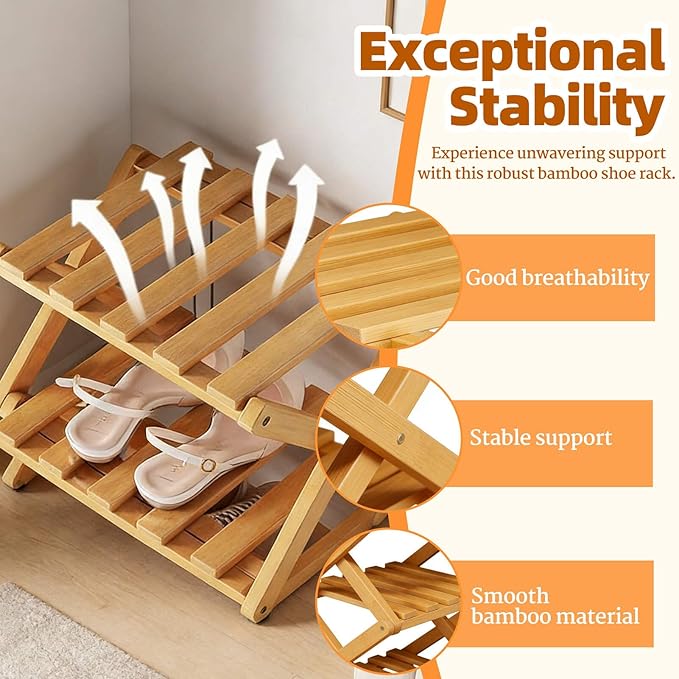 9 Tier Bamboo Shoe Rack, Heavy Duty Foldable Shelf Needing No Setup | Versatile Space-Saving & Sturdy Collapsible Bamboo Shoe Rack Organizer for Closet, Entryway, Over-Door, Dorm or Bedroom Use