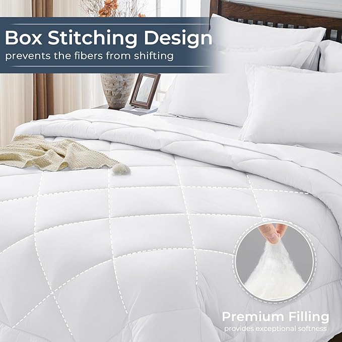 HEVUMYI Twin Comforter Set - 5-Piece All Season Bed in a Bag Twin, Ultra Soft Bedding Set with Comforter, Flat Sheet, Fitted Sheet, Pillowcases, Pillow Shams, White