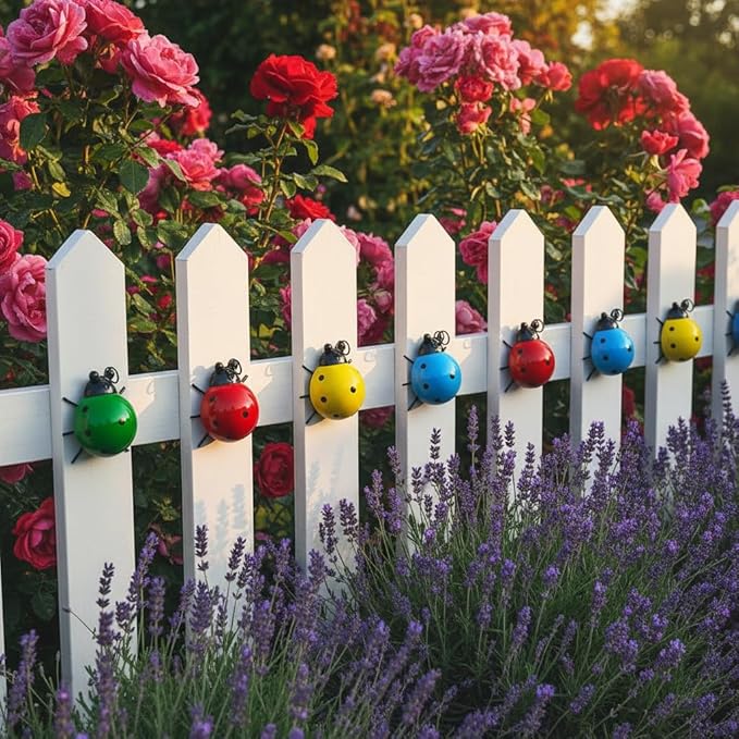 Cute Colorful Ladybug Metal Garden Decor, Set of 8 (4 Colors*2) Outdoor Yard Art, Lawn Ornaments, Fence & Patio Wall Sculptures, for Mom, Housewarming