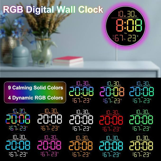 10 Inch LED Wall Clock with RGB Ambient Light, Auto-Dimming, RGB Color/Time/Date/Temp/Humidity Display, Dual Alarms & Timer, Adjustment Brightness,Digital Round Clock for Bedroom Classroom