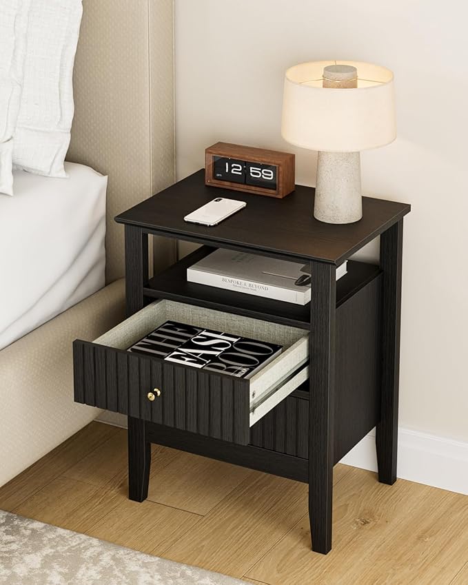 Fluted Nightstand, Farmhouse Night Stand with 2 Drawers, Mid Century Modern Side Accent Table,Bedside End Table for Bedroom, Living Room, Black