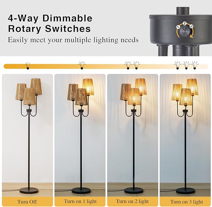 RORIANO Boho Floor Lamp for Living Room, 3-Light Rotary Switch Farmhouse Standing Bedroom Lamp with Rattan Shade, Tall Floor Lamps for Rustic, Coastal, Beach or Bohemian Decor, 3 LED Bulbs Included