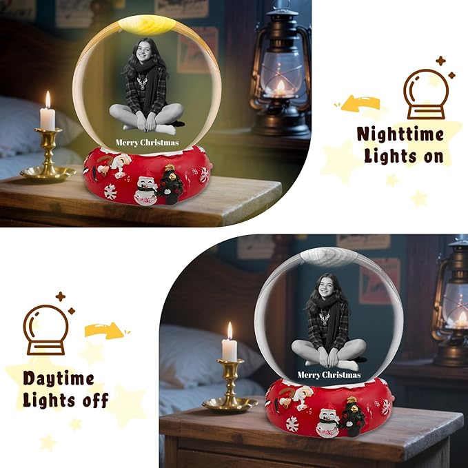 Custom Snow Globes with Photo Name Christmas Snow Globes with Light-Up Base Personalized Engraving Crystal Snowglobe Gifts for Family Women Men Kids Xmas Gift (Snowglobe)