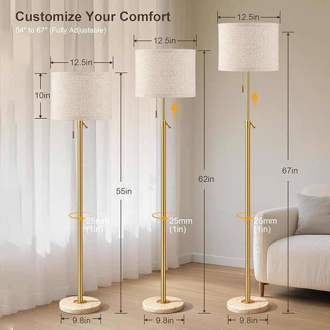 Modern Gold Floor Lamp for Living Room - Adjustable Height Standing Lamp with Marble Base & Linen Shade, 3-Way Dimmable Tall Floor Light for Bedroom, Reading, Bulb Included
