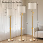 Modern Gold Floor Lamp for Living Room - Adjustable Height Standing Lamp with Marble Base & Linen Shade, 3-Way Dimmable Tall Floor Light for Bedroom, Reading, Bulb Included