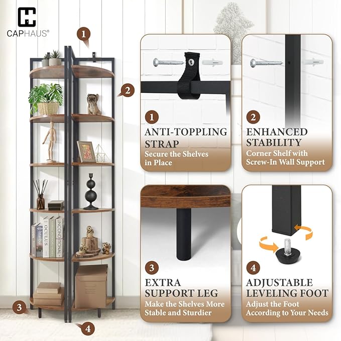 CAPHAUS 6 Tier Corner Shelf, 71.1-Inch Tall Corner Bookshelf, Corner Display Rack with Metal Frame, Round Corner Shelf Unit Rack, Tall Corner Stand for Bathroom, Living Room, Home, Office, Rustic Oak