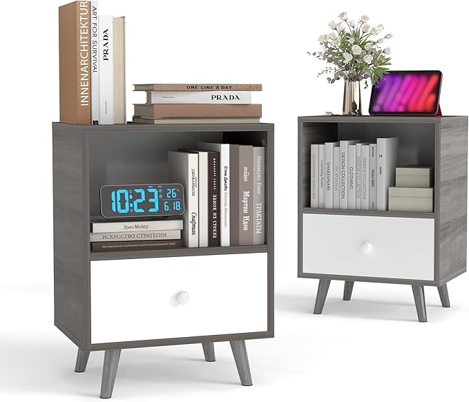 JAXPETY Nightstands Set of 2, Night Stand with Drawer and Open Storage Shelf, Bedside Tables with Solid Wood Legs, End Table, Side Table, for Bedroom(2-Pack, Grey)