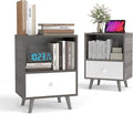 JAXPETY Nightstands Set of 2, Night Stand with Drawer and Open Storage Shelf, Bedside Tables with Solid Wood Legs, End Table, Side Table, for Bedroom(2-Pack, Grey)