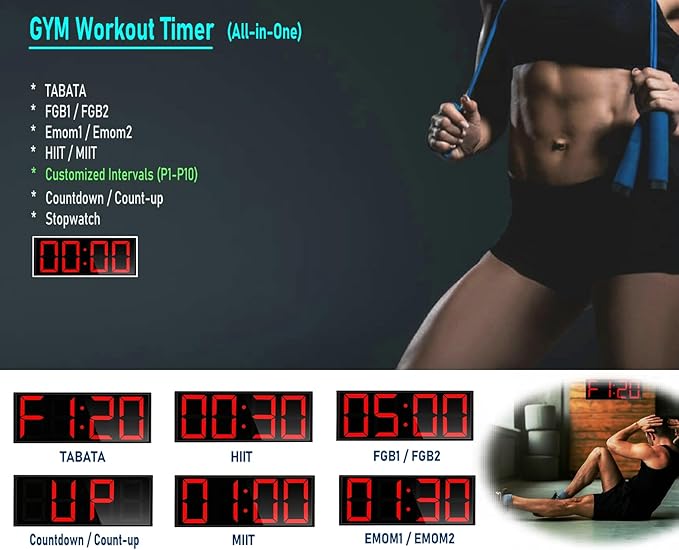 17.3'' Huge Digital Wall Clock, Home Gym Interval Workout Timers, with Countdown, Stopwatch, 7-Color Light, 8-Alarms, Calendar/Temperature Display, for HIIT/Tabata/FGB/EMOM (Red)
