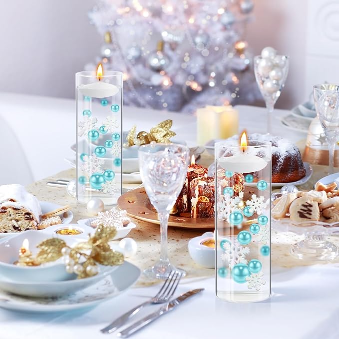 124 Pcs Christmas Vase Filler Pearls for Vase Filler Christmas Table Decor Floating Candles Centerpiece with 8 Floating Candles for Table Party Festival Decor, Not Included Clear Beads(Snowflake)