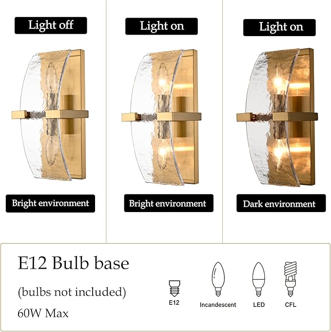 DANSEER 2-Light Modern Gold Wall Sconce - 13 Inch Hardwired Indoor Wall Light with Water Rippled Glass Shades and Gold Finish for Living Room, Bedroom, Kitchen, Hallway