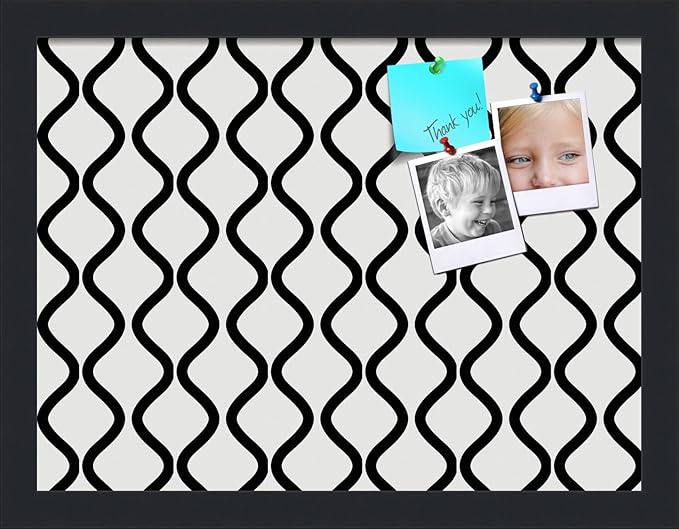 PinPix 16x12 Inch Cork Bulletin Board. This Decorative Framed Pin Board Comes with Black and White Waves Design and a Satin Black Frame. Ideal for Home Office Decor or Message Board (PinPix-194)