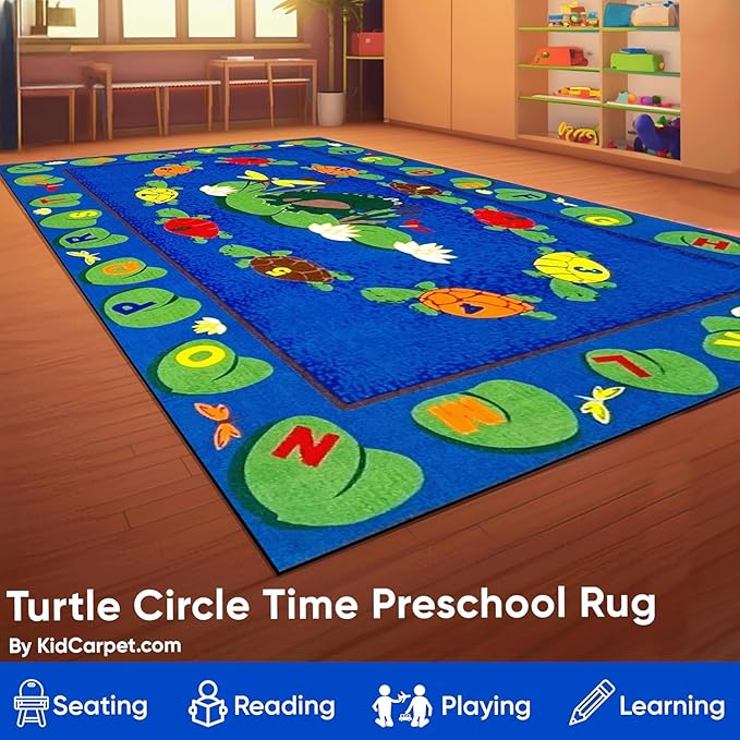 KIDCARPET.COM Turtle Circle Time Rectangle Classroom Rug | Bordered Area Rug for Preschool Daycare Learning, 7'6" x 12'