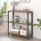 EXCEFUR Small Bookshelf, 3 Tier Short Low Book Shelf, Modern Metal and Wood Standing Etagere Bookcase for Home Office Living Room Bedroom, Rustic Brown