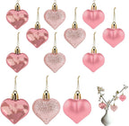 Valentines Day Heart Ornaments, 24Pcs Hanging Heart Ornaments, Glitter Rose Gold Heart-Shaped Baubles for Outdoor Wedding Anniversary Mother's Day Romantic Galentines Valentines Day Party Decoration