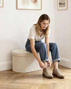 GLAXYFUR Oval Storage Ottoman Bench, Velvet Foot Rest, 30 Inch Folding Chest for Living Room, Bedroom, Beige