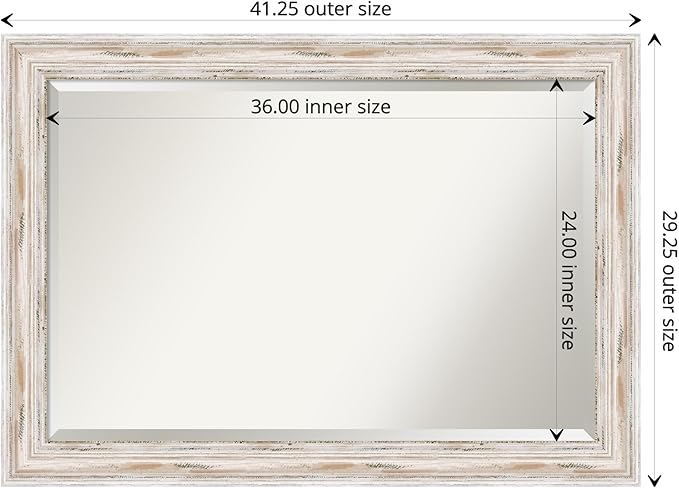 Amanti Art White Wall Mirror 29x41 Alexandria White Wash Rectangle Bathroom Mirror for Wall Decor Living Room, Large Cottage Wood Frame, Hangs Horizonally and Vertically, Bathroom Decor, Beveled Edge
