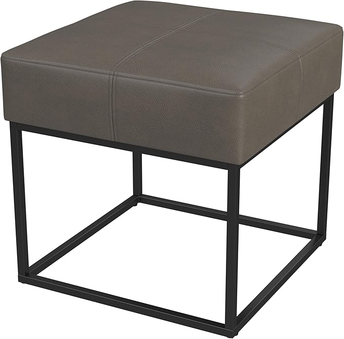 Homepop Decorative Small Square Black Metal Ottoman | Ottoman Stool for Living Room & Bedroom | Decorative Home Furniture (Pewter Gray Faux Leather)