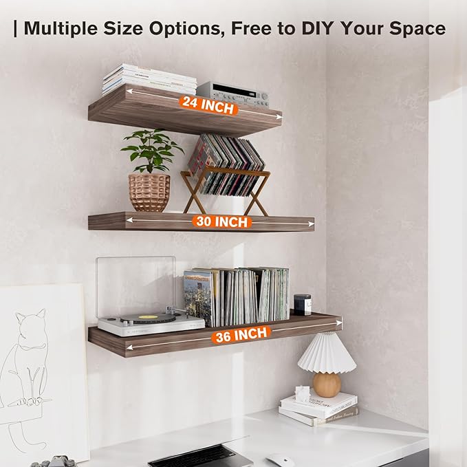 Floating Shelf, Set of 1 Wall Shelf, 30 in W x 12.75 in D x 2 in H Wooden Floating Wall Shelf with Invisible Brackets for Living Room/Bedroom/Bathroom/Kitchen Storage and Decor, Walnut