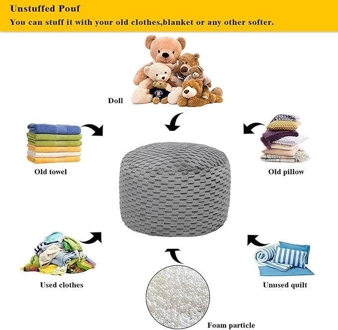 Fur Ottoman Stool Unstuffed Footstool Cover Pouf Foot Rest 20x20x12 Inches Round Poof Seat Floor Bean Bag Chair Foldable Storage for Living Room Bedroom Solid Grey