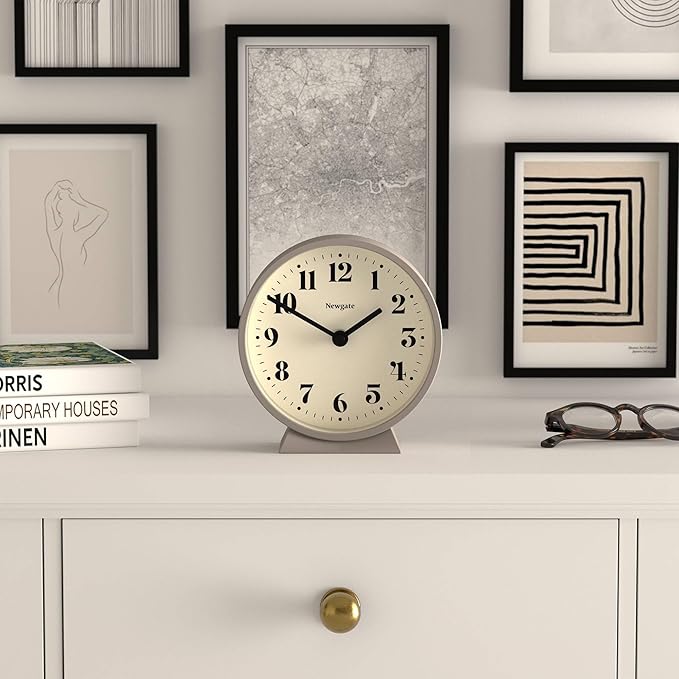 NEWGATE® Theatre Mantel Clock | Modern Classic Round Design | Stone | Contemporary Style for Desk, Table, Shelf or Bedside