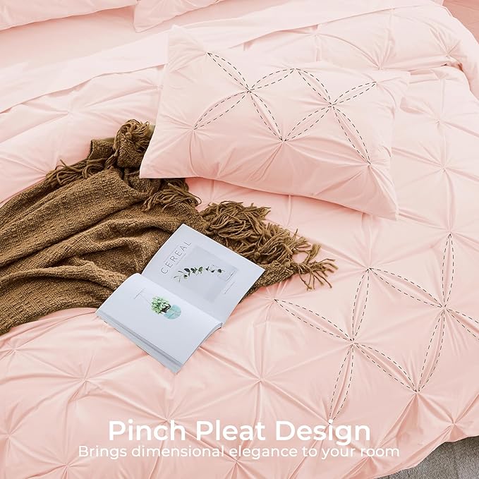 Sasttie Twin Comforter Set, 5-Piece Bed in a Bag, Pintuck Bedding Sets for All Season, Includes Comforter, Flat Sheet, Fitted Sheet, Pillowcase and Pillowsham, Blush Pink