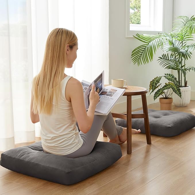 Meditation Floor Pillow Set of 2, Square Large Pillows Seating for Adults, Meditation Cushion Pillow,Tufted Corduroy Cushion for Tatami Living Room or Yoga, Dark Gray, 22x22 Inch