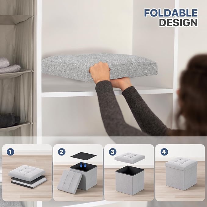 MoNiBloom 15 Inches Storage Ottoman Cube, Folding Square Foot Rest Stool, Small Ottoman Footrest with Storage for Living Room, Bedroom, Entryway, Light Gray