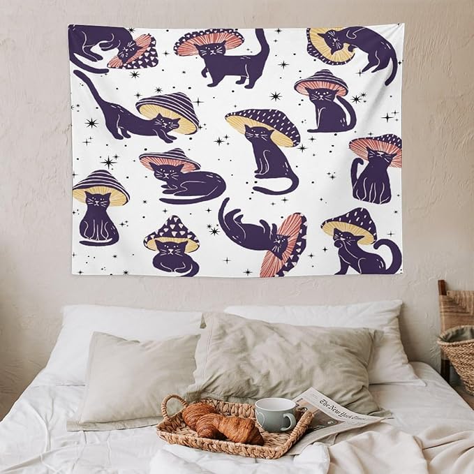 VUMIVI Funny Cat Mushroom Tapestry Retro 70s Hippie Style Cute Black Kitten Star Aesthetic Art Print Tapestry Wall Hanging for Living Room Bedroom Dorm Classroom Aesthetic Decor W40xL30in
