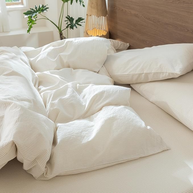 MooMee Striped Duvet Cover Set 100% Washed Cotton Linen Like Textured Breathable Durable Soft Comfy (Almond Milk Grey Pinstripes, Full 80"x90")