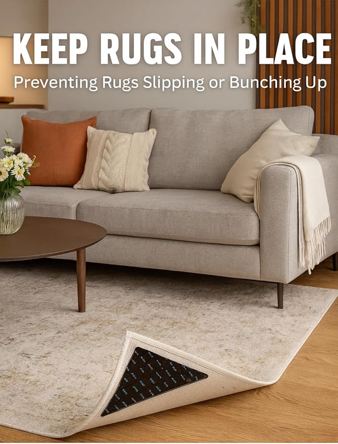 Rug Pad Grippers for Hardwood Floors and Tiles Non-Slip, Reusable and Washable Dual-Sided Adhesive Pads to Keep Area Rugs Secure and Corners Flat (Black) (12, Rectangular)