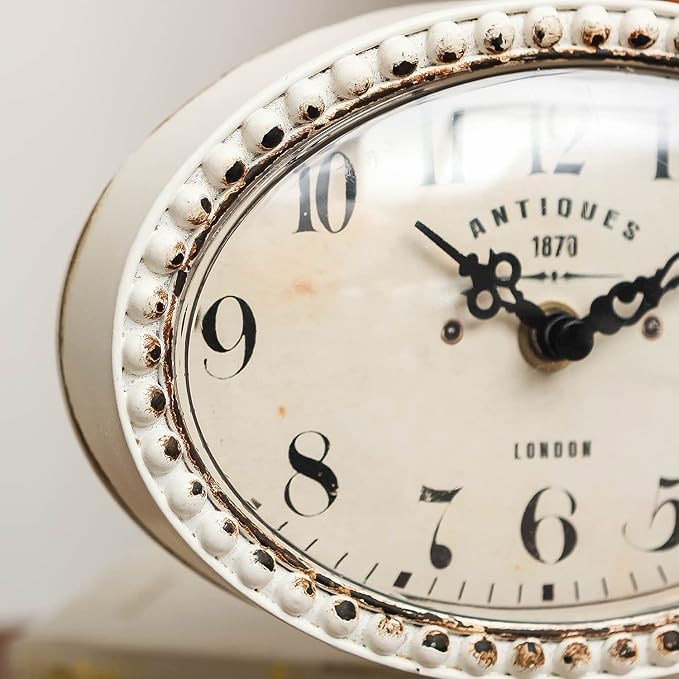 NIKKY HOME Vintage Table Clock with Beads, Silent Shelf Desk Top Clock Battery Operated Antique Design, Chic Home Decor for Fireplace Mantel, Desktop, Countertop, White