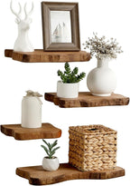 Pinkunn 4 Pcs Floating Shelves for Wall Wooden Live Edge Shelf Wall-Mounted Natural Solid Wood Bedroom Kitchen Storage Living Room Nursery Decor (4 Pcs,15.7 Inch)
