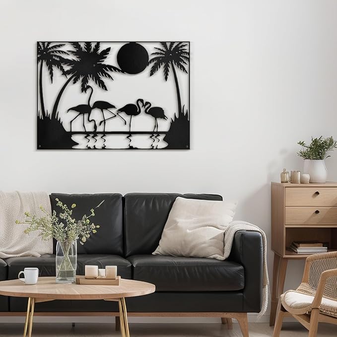 SIGNLEADER Metal Wall Art Moonlit Flamingos and Palm TreesDecor Modern Abstract Wall Sculpture Hangings Home Decoration for Living Room, Bedroom, Bathroom, Kitchen, Outdoor - 30" Black