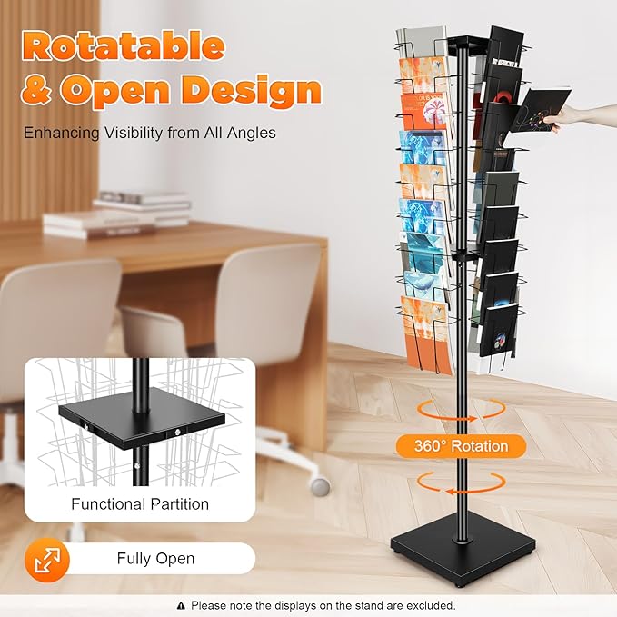 Rotating Brochure Display Stand, Detachable Magazine Rack with 36 Pockets, 360 Degrees Rotating Mesh Magazine Holder Stand, 63inch Floor Standing Literature Display Rack for Office School