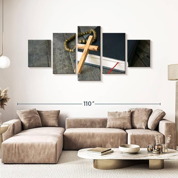 Elephant Stock Cross Canvas - 5 Panel Christian Pictures Decor - Canvas Print Wall Decor - Christian Cross Wall Art - 92" X 42"