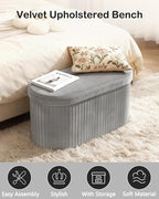 GLAXYFUR Oval Storage Ottoman Bench, Velvet Foot Rest, 30 Inch Folding Chest for Living Room, Bedroom, Grey