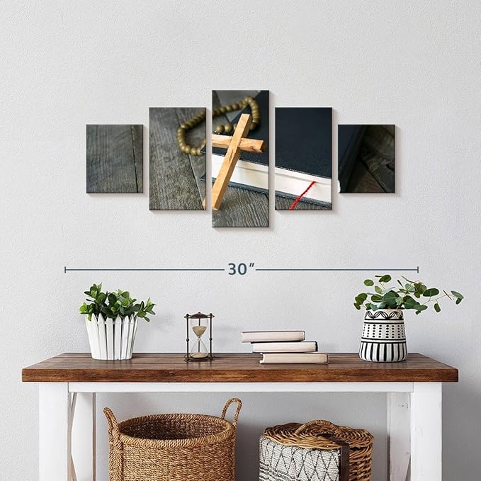Elephant Stock Cross Canvas - 5 Panel Christian Pictures Decor - Canvas Print Wall Decor - Christian Cross Wall Art - 29" X 12"
