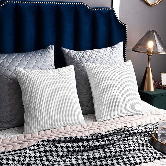 White Striped Couch Pillow Cases: 2 Pack 20x20 Inch Original Velvet Square Throw Pillow Covers for Farmhouse Home Decor