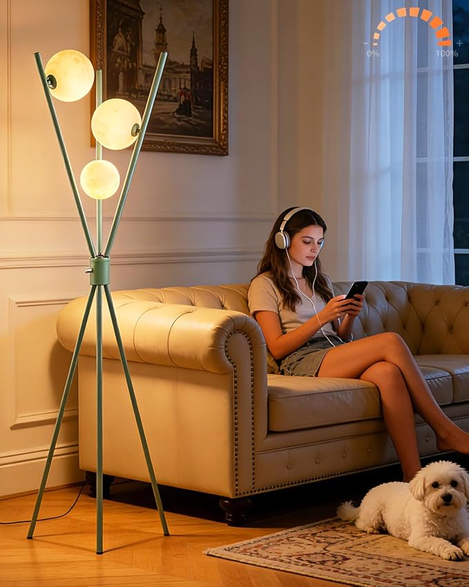 Lightdot Dimmable Green Tripod Floor Lamp, Mid Century Standing Lamps with 3 Globe Soft Warm White Eye Care 3000K Bulbs Included, Modern Tall Lamp for Living Room/Bedroom/Sofa Beside/Corner Decor