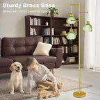 Tree Floor Lamp with 3 Light Bulbs, Vintage 3 Heads Flower Floor Lamp, Tall Gold Vintage Lamps with Brass Base Foot Switch, Boho Standing Lamps for Living Room with Green Glass Flower Shades