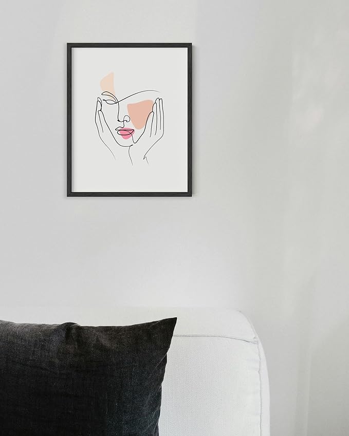 Aesthetic Face Wall Art Hands on Cheeks Continuous Line Drawing Abstract Pink Shapes 8x10 Inch Oak Wood Black Framed Modern Portrait for Bedroom Vanity