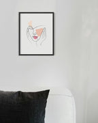Aesthetic Face Wall Art Hands on Cheeks Continuous Line Drawing Abstract Pink Shapes 8x10 Inch Oak Wood Black Framed Modern Portrait for Bedroom Vanity