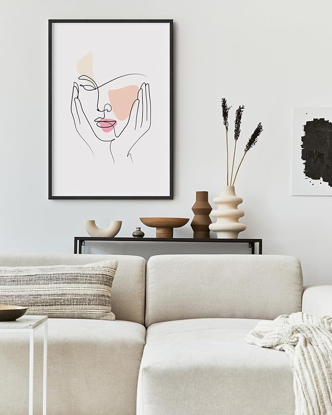 Aesthetic Face Wall Art Hands on Cheeks Continuous Line Drawing Abstract Pink Shapes 24x36 Inch Oak Wood Black Framed Modern Portrait for Bedroom Vanity