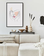 Aesthetic Face Wall Art Hands on Cheeks Continuous Line Drawing Abstract Pink Shapes 24x36 Inch Oak Wood Black Framed Modern Portrait for Bedroom Vanity