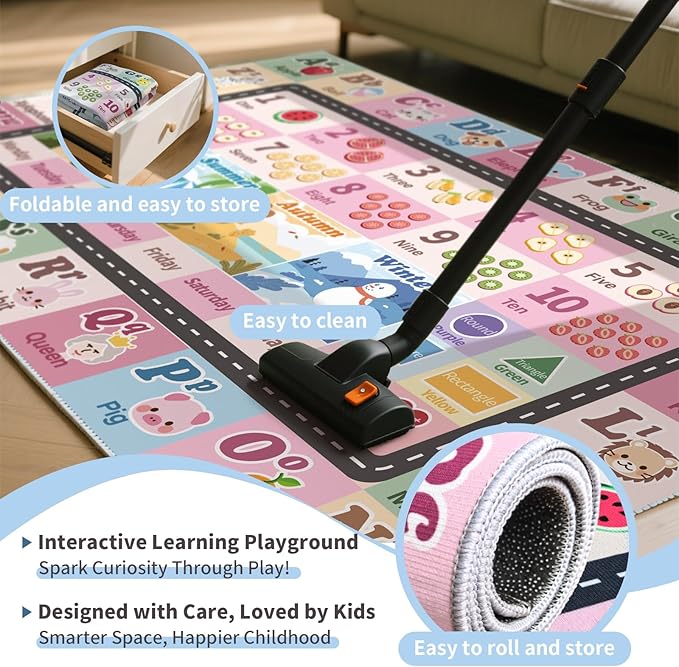 Kids ABC Rug for Playroom, Classroom Alphabet Area Carpet Playmat,Washable Toddler Mat for Baby Room,Play Room,Bedroom,Floor,Nursery (Pink,7'x10')
