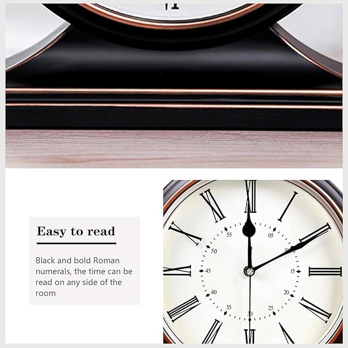 rnuie Desk Clock for Table Decor, Retro Mantel Clock Battery Operated for Fireplace Mantel, Living Room, Bedroom, Office, Desktop Decoration