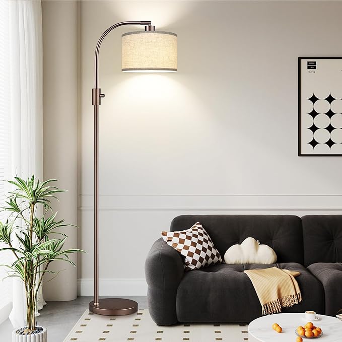 Upgraded Dimmable Floor Lamp, 1200 Lumens LED Bulb Included, Bronw Arc Floor Lamp with Linen Shade for Living Room, Bedroom, Reading Room, Nursery