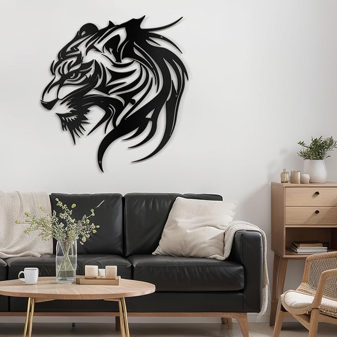 SIGNLEADER Metal Wall Art Decor Lion Minimalist Modern Abstract Wall Sculpture Hangings Home Decoration for Living Room, Bedroom, Bathroom, Kitchen, Outdoor - 24" Black